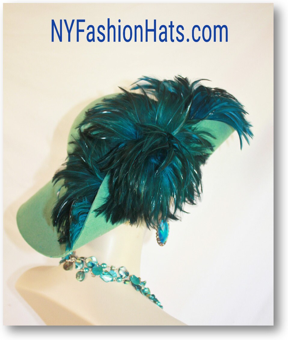 Couture Designer Hats, Old Hollywood Glamour Jade Green Peacock Turquoise Blue Feathered Hat, Statement Designer Hat Millinery NYFashionHats - Image 6