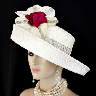 Haute Couture Hats, Ivory Fuchsia Large Brim Church Wedding Special Occasion Hat, Women's Custom Millinery, Formal Dress Hat Races Brides