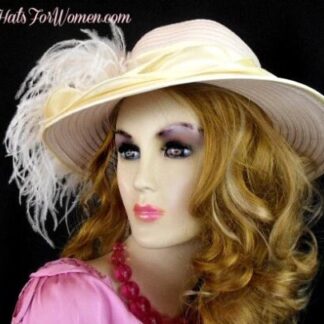Cream Beige Satin Bridal Wedding Hat, Church Formal Hat, Temple Hats With Feathers, Hats For Horse Races, NYFashionHats, CoutureDesignerHats