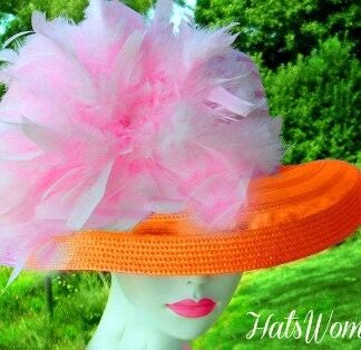 Orange Pink Kentucky Derby Oaks Luncheon Hat, Hats For Horse Races, Women's Haute Couture Designer Hats, NY Fashion Hats Wedding Bridal Hat