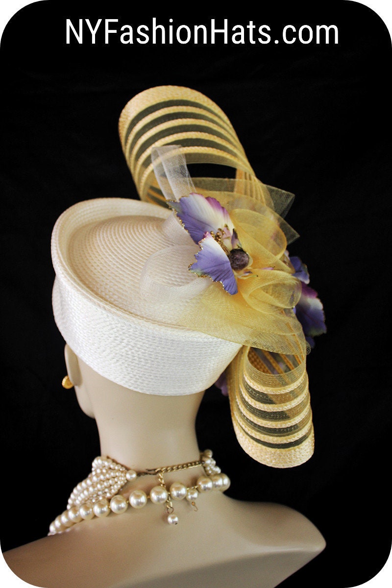 Haute Couture Designer Pillbox Hats, Ivory Purple Gold White Luxury Hats, Wedding Bridal Fashion Hats, Mother Of The Bride Hats Headpiece - Image 6