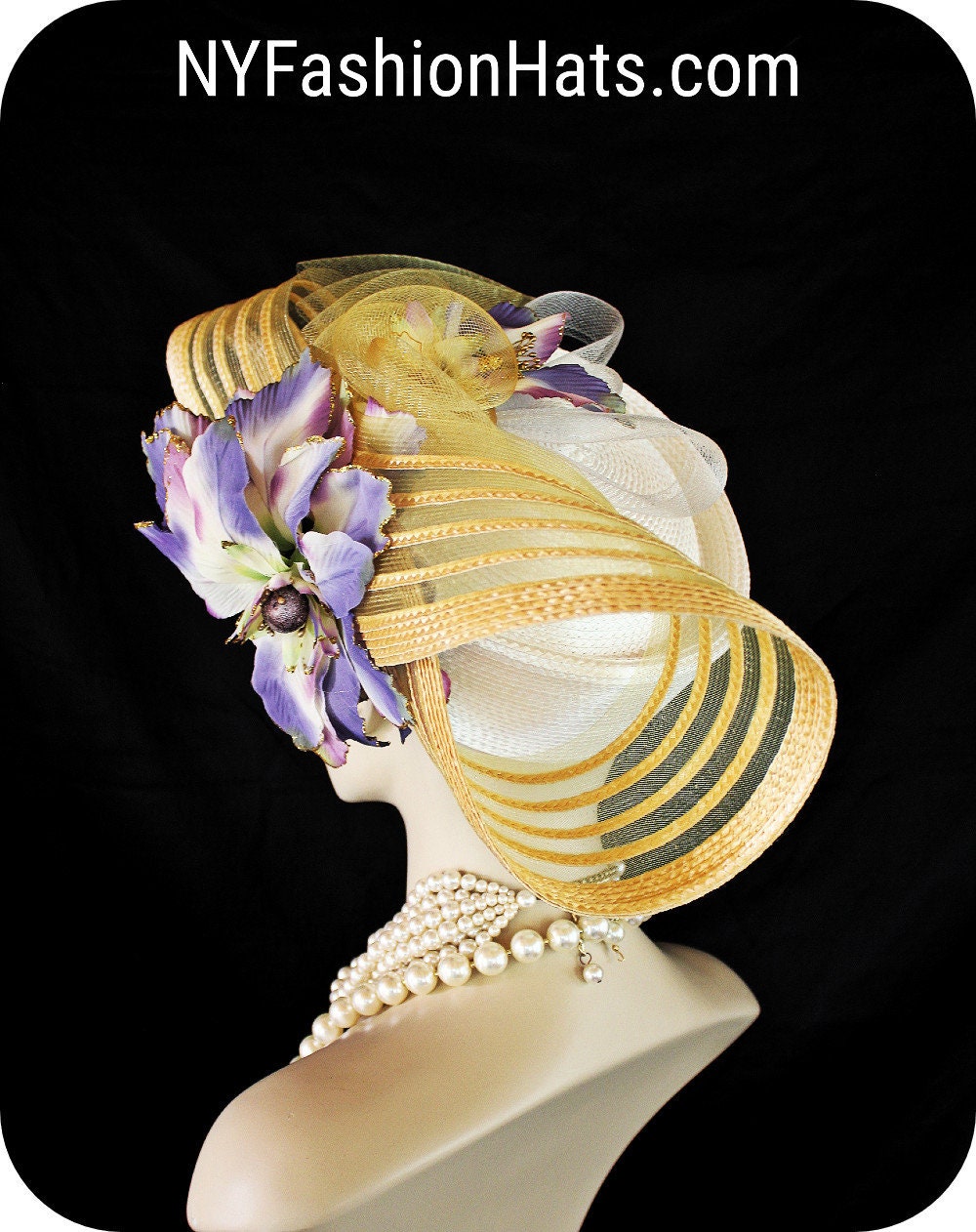 Haute Couture Designer Pillbox Hats, Ivory Purple Gold White Luxury Hats, Wedding Bridal Fashion Hats, Mother Of The Bride Hats Headpiece - Image 7