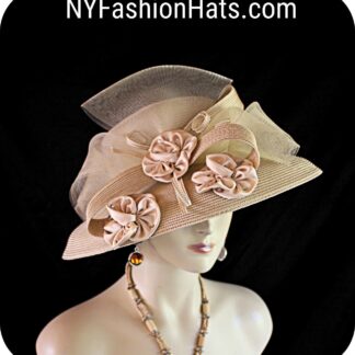 Luxury Statement Dress Hats, Motf Premium Couture Designer Camel Beige Satin Rosette Hat, NYFashionHats Millinery, Formal Wedding Hat, Penny