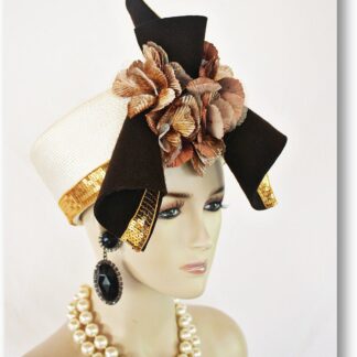 Art Deco Flapper Inspired Ivory Brown Sculputure Art Pillbox Hat, Luxury Wedding Pillbox Formal Hat, Couture Designer Hats, NYFashionHats