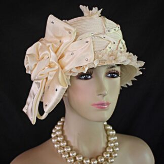 Avant Garde Beige Ivory Satin Haute Couture Hat, Cloche Formal Church Hat, Dress Wedding Luxury Hat, NYFashionHats Millinery Headwear, Anna