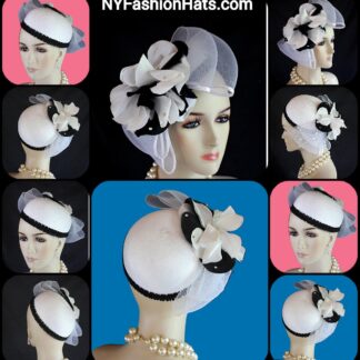 White Black Pillbox Cocktail Hat, Wedding Bridal Headpiece, Mother Of The Bride Hats, NY Fashion Hats, Haute Couture Millinery Horse Races
