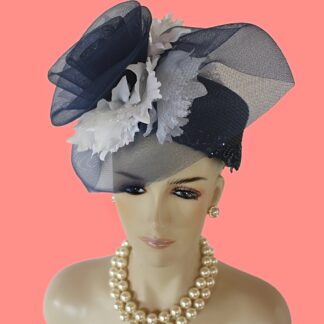 Navy Blue White Haute Couture Pillbox Hat, Formal Wedding Dress Church Hat, NY Fashion Hats, Hats For Horse Races, Women Designer Bridal Hat