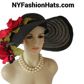 Black Big Brim Red Roses Haute Couture Hat Women, Formal Avant Garde Dress Designer Hat, NY Fashion Hats Luxury Hat, Hats Horse Races Derby