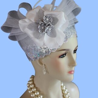 Grey Metallic Silver White Pillbox Cocktail Hat, Wedding Bridal Headpiece, Mother Of The Bride Hats, NY Fashion Hats Haute Couture Millinery
