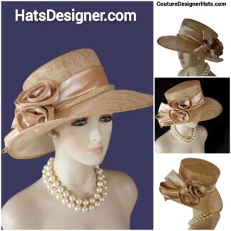Metallic Gold Beige Sinamay Straw Satin Hat Women, Formal Wedding Dress Hat, Cruise Wear Sun Hat Vacation, Hats Horse Races, NYFashionHats