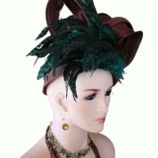 Women's Haute Couture Brown Peacock Green Blue Satin Hat, Avant Garde Formal Hat, Wedding Pillbox Hat, Mother Of The Bride, NY Fashion Hats