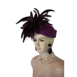 Avant Garde Purple Feathered Pillbox Designer Hat For Women, Haute Couture Wedding Bridal Fashion Hat Headpiece, Hats For Horse Races Derby