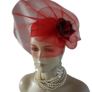 Red Pillbox Haute Couture Cocktail Hat Fascinator For Women With A Large Red Sheer Crinoline Bow And Red And Burgundy Open Silk Rose