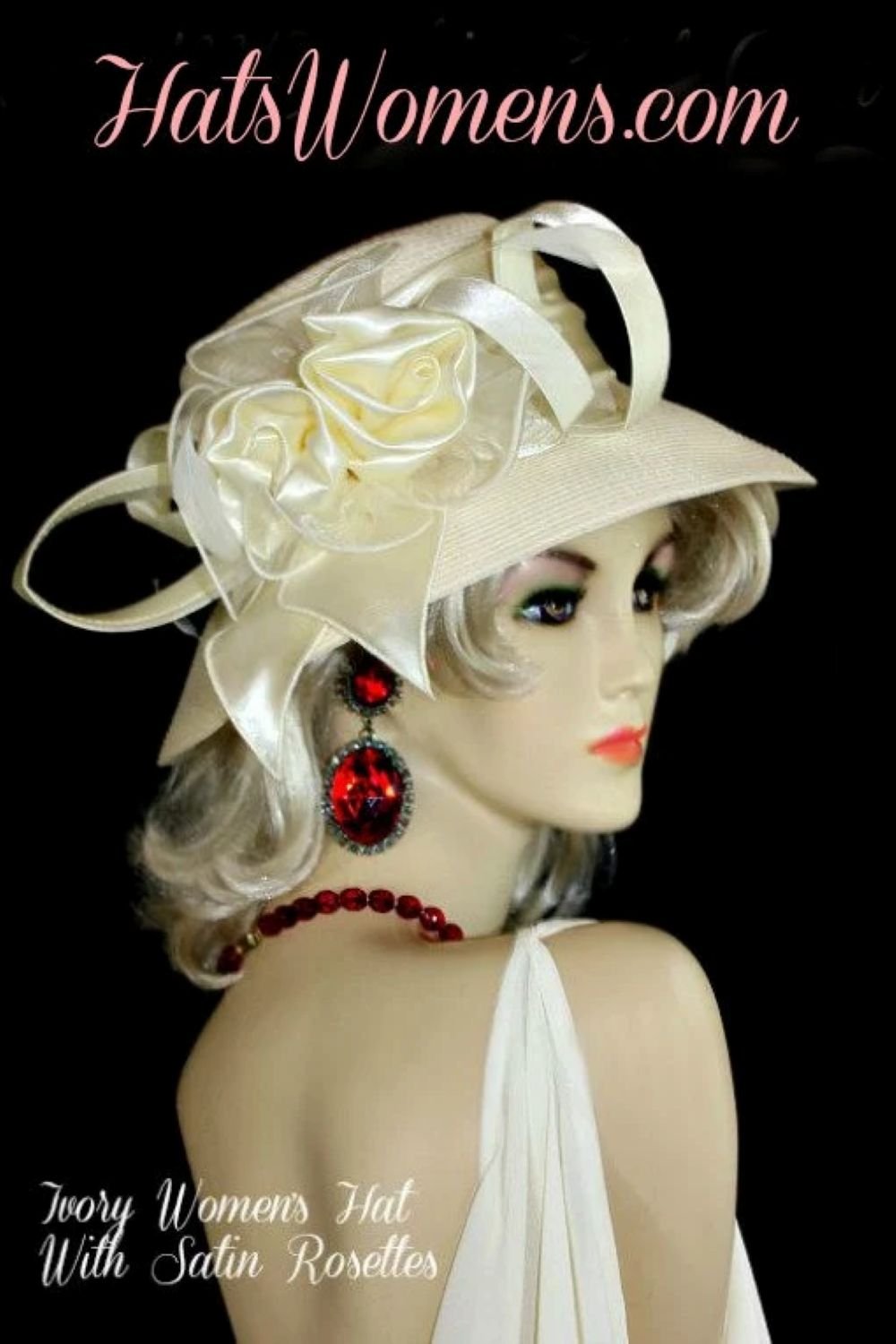 Ivory Beige Formal Satin Straw Designer Big Brim Fashion Hat For Women