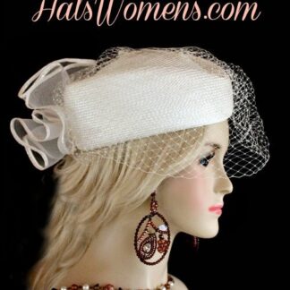 White Pillbox Wedding Bridal Birdcage Veil Designer Fashion Hat