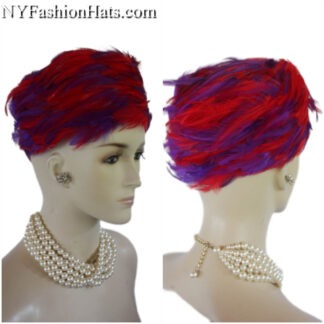 Ladies Red Purple Haute Couture Designer Pillbox Feathered Church Wedding Hat, Dress Hats For Women, NYFashionHats