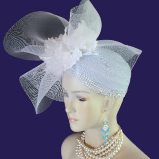 Women's Baby Blue And White Haute Couture Designer Pillbox Wedding Hat Hedpiece