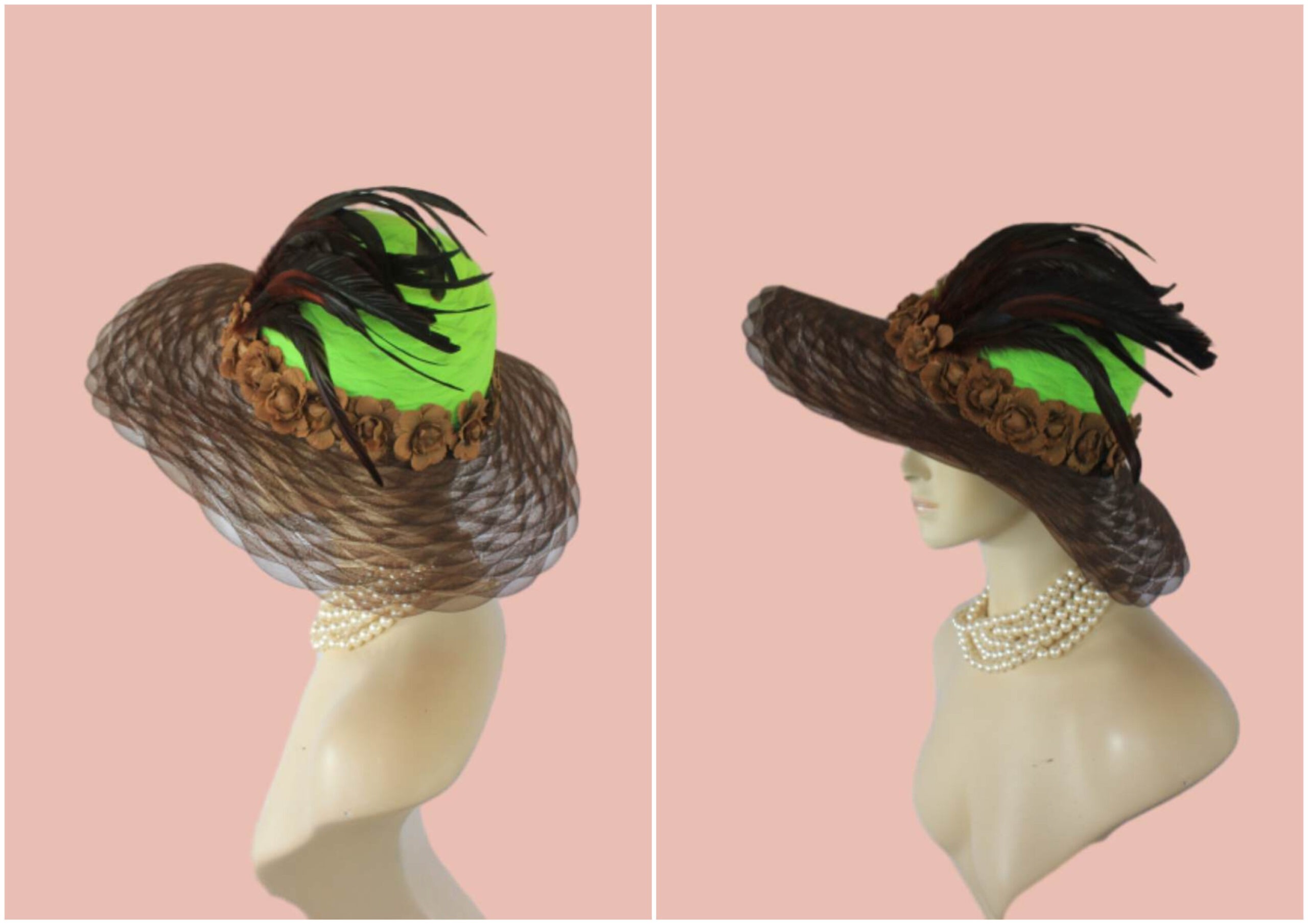 Haute Couture Designer Hats For Women, Brown Lime Green Wide Brimmed Dress Hat By NYFashionHats.com