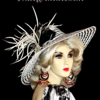 Beautiful Custom Made Black And White Wide Brimmed Ladies Designer Hat With A Large Sheer Black Crinoline Bow, Accented With Exotic White Feathers. This Elegant Hat Is Suited For The Kentucky Derby, Horse Races, Melbourne Cup, Royal Ascot, Garden Tea Parties, Weddings, Formals, Church, And Special Occasion.