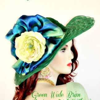 Emerald Hunter Green Kentucky Derby Dress Wide Brim Women's Hat, With A Large Lime Green, Hunter Green, Emerald Green, And Yellow Satin Bow, And A Pale Yellow Cappage Rose Flowers. A Perfect Hat, For Weddings, Formals, Tea's, The Kentucky Derby, Horse Racing Events, Church, Temple, Synagogue, And Special Occasion. This Fashion Hat, Is Suited For Winter, Spring, Summer Or Fall. Custom Made And Designed By www.NYFashionHats.ComNYFashionHats Haute Couture Millinery Headwear For Women