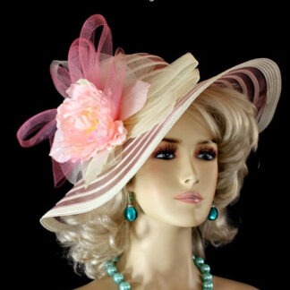 Ladies Sheer Ivory And Pastel Pink Haute Couture Wide Brim Dress Hat For Weddings Formals And The Kentucky Derby. This Avant Garde Feminine Hat Is Trimmed With A Large Ivory And Pink Netting Crinoline Bow, Enhanced With A Lovely Pastel Pink Silk Peony Flower, Accented With Pink And Ivory Vintage Millinery Silk Leaves. Designed And Custom Made By NYFashionHats.com Custom Millinery Headwear Women's Apparel.