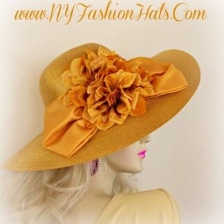 Women's Haute Couture Gold Kentucky Derby Designer Hat With A Formal Bow And Flowers, By www.NYFashionHats.Com