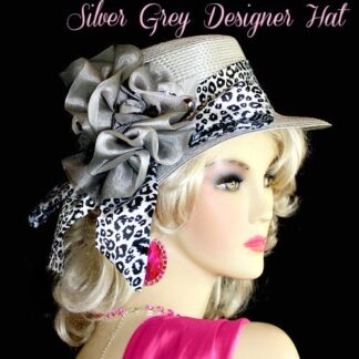 Silver Grey Designer Custom Made Hat For Women, For Dress Up Or Casual Wear, With A Black And White Leopard Animal Print Sash And Band. A Silver Grey Organza Bow, With Custom Made Silk Grey Flowers, With Grey Sequin, Gives This Dress Hat Such Style.This Fashion Hat, Is Suited For Winter, Spring, Summer Or Fall.