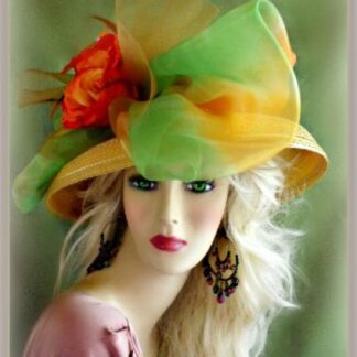 Ladies Women's Gold Wide Brim Fashion Designer Kentucky Derby Hat, With A Large Gold And Lime Green Sheer Bow, Orange Flowers, And An Orange Peacock Feathers. The Brim Of This Elegant Church Hats, Tilts Down. A Perfect Hat, For Special Occasion, Parties, Tea's, The Belmont Stakes, And Formals. We Specialize In Kentucky Derby Hats For Women, Dress Hats For Women Ladies Fashion Hats, Designer Hats For Weddings, Church Hats, Tea Party Hats, Ladies Formal Hats, Kentucky Oaks Hats, Preakness Hats, Belmont Stakes Hats, And Special Occasion Hats For Women. Custom Made And Designed By NY Fashion Hats Millinery Headwear. https://www.nyfashionhats.com