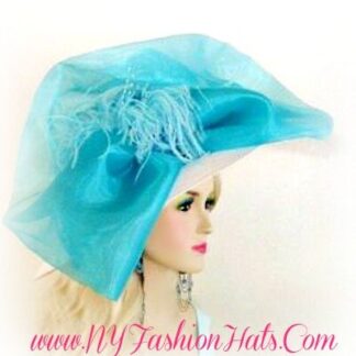 Avant Garde White Turquoise Blue Wide Brimmed Haute Couture Fashion Hats By NYFashionHats.com