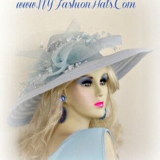Baby Sky Blue Wide Brim Dressy Fashion Kentucky Derby Hat For Women. We Specialize In Kentucky Derby Hats For Women, Dress Hats For Women Ladies Fashion Hats, Designer Hats For Weddings, Church Hats, Tea Party Hats, Ladies Formal Hats, Kentucky Oaks Hats, Preakness Hats, Belmont Stakes Hats, And Special Occasion Hats For Women. Custom Made And Designed By NY Fashion Hats Millinery Headwear. https://www.nyfashionhats.comNYFashionHats Haute Couture Millinery Headwear For Women. NYFashionHats.com