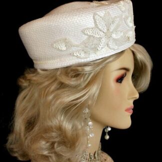 Women's Handmade White Haute Couture Designer Pillbox Fashion Wedding Bridal Hat. This White Formal Hat Is Trimmed With White Sequin Floral Glass Beaded Appliques.