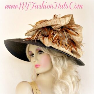 Formal Brown Wide Brim Haute Couture Kentucky Derby Hat With A Large Tan Beige Light Brown And Ivory Striped Fabric Bow, Accented With Copper Brown Beige And Ivory Tiger Or Leopard Print Feathers. This Avant Garde Dress Hat Is Suited For Winter, Spring, Summer And Fall. A Perfect Kentucky Derby Hat. This Hat Is Appropriate For Horse Races, Horse Racing, The Preakness, The Belmont Stakes, Santa Anita Park, Gulfstream Park, Church, Formal Events, Cocktail Parties, A Wedding, A Tea Party, And Holidays. We Sell Church Hats, Dress Hats For Women, Designer Hats For Women, Wedding Hats, Formal Hats, Ladies Custom Hats, Kentucky Derby Hats, Belmont Stakes Hats, Preakness Hats, Hats For Horse Racing, Easter Hats, And Special Occasion Hats. Custom Made And Designed By NY Fashion Hats Millinery At www.NYFashionHats.Com