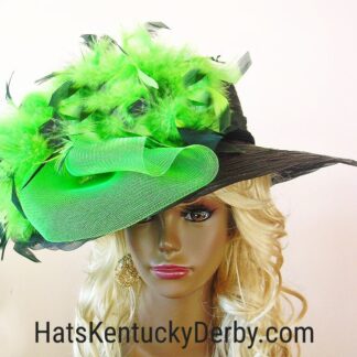 Women's Haute Couture Black Scallop Edged Wide Brim Designer Big Lime Green Bow Hat For Special Occasion Weddings And The Kentucky Derby. This fashion hat is adorned with a large bright lime green dramatic horsehair bow enhanced with bright lime green and emerald green feathers. This is a custom made hat designed and made by HatsKentuckyDerby.com a division of NY Fashion Hats Couture Millinery Headwear Apparel. This dress hat is suited for Winter, Spring, Summer And Fall. A perfect special occasion hat for the Kentucky Derby, weddings, brides, bridal functions, formals, Church and holidays.