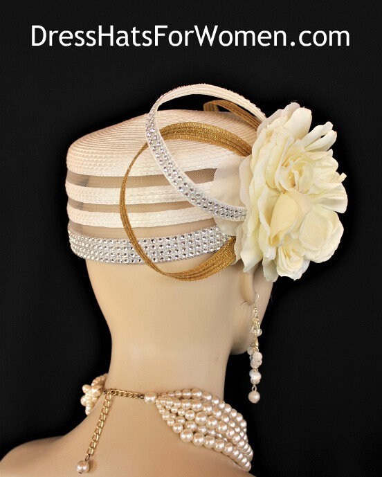 Haute Couture Pillbox Hat Wedding, Women's Ivory Metallic Gold Pillbox Cocktail Hat, Flapper 1920's Couture Bridal Church Hats Millinery - Image 3