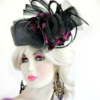 Women's Black Designer Pillbox Fashion Church Wedding Occasion Hat, With A Custom Made Fuchsia Flower, And A Black Sheer Bow. A Perfect Hat, For Weddings, Temple, Synagogue, Church, Holidays, And Special Occasion. By www.NYFashionHats.Com