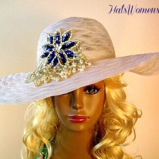 Women's White Royal Blue Designer Hat, Big Brim Dress Hat, Kentucky Derby Hat, Hats For Horse Races, Bridal Mother Of The Bride Hat, Britt