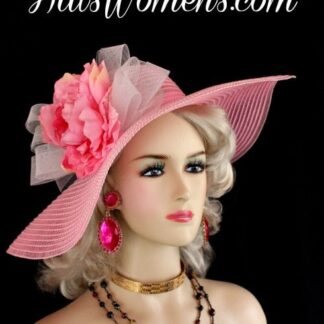 Pink And White Two Toned Wide Brim Fashion Kentucky Derby Designer Hat For Women With A Sheer Crinoline White Bow, Adorned With A Multi Colored Silk Millinery Flower. This Kentucky Derby Hat Is Suited For Horse Races, Formal Events, Weddings, And Church. This Beautiful Lightweight Brimmed Hat Is Well Suited For A Bride To Be On Her Wedding Day, Also Appropriate For Wedding Guests.