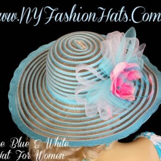 Ladies Wide Sheer Brim Custom Made, Turquoise Blue And White Special Occasion Kentucky Derby Hat.  This formal designer Church hat, is adorned with a sheer large turquoise blue and white netting bow, adorned with a beautiful, custom made pink silk rose flower, accented with turquoise blue satin rosettes and pink feathers.  The edge of this wide brim hat, has a scallop lace finish.