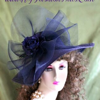 Ladies Women's Navy Blue Wide Brim Designer Hat Embellished With A Beautiful Custom Made Navy Blue Vintage Silk Millinery Rose And A Large Netting Bow. This Formal Special Occasion Dress Hat Is Suited For Parties, Formals, Horse Races, The Kentucky Derby, Church, And Formals. By www.NYFashionHats.Com NYFashionHats Haute Couture Millinery Headwear For Women https://nyfashionhats.etsy.com