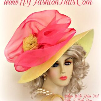 Women's Yellow Haute Couture Avant Garde Designer Wide Brim Kentucky Derby Horse Racing Hat Embellished With A Hot Pink Organza Bow, And Yellow Flower. This Custom Made Hat, Millinery Accessory, Is Suited To Wear For Horse Racing Events, The Kentucky Derby, Church, Temple, Tea Parties, Spring Charity Events, And Special Occasion. By www.NYFashionHats.Com NYFashionHats Haute Couture Millinery Headwear For Women