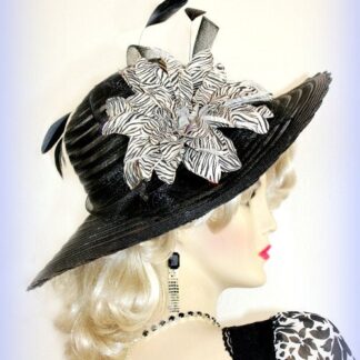 Women's Black Sheer Designer Wide Brim Formal Kentucky Derby Hat With A Black Sheer Bow, And A Black And White Zebra Flower, With Feathers. Notice, The Beautiful Lace Edge On This Hat. We Sell Church Hats, Designer Hats For Women, Kentucky Derby Hats, Belmont Stakes Hats, Preakness Hats, Hats For Weddings, Tea Party Hats, Holiday Hats, Easter Hats, And Special Occasion Hats. Custom Made And Designed By NY Fashion Hats Millinery Women's Headwear Apparel, https://www.nyfashionhats.comNYFashionHats Haute Couture Millinery Headwear For Women