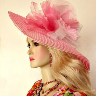 Pink White Wide Brim Kentucky Derby Oaks Hat, Womens Fashion Hats K21