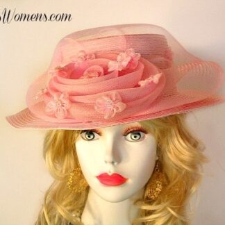Ladies Pink Brim Designer Church Dress Hat With A Large Bow. This Custom Made Women's Designer Hat Is Embellished With A Large Pink Rosette Crinoline Horsehair Bow, Accented With Pink Organza Pearl Floral Appliques. This Beautiful Designer Hat Is Suited For A Bride To Be On Her Wedding Day, Horse Races, The Kentucky Derby, Breeder's Cup, Maryland Million Day, Iroquois Steeplechase Horse Races, The Melbourne Cup, The Royal Ascot, Church, Weddings, Formals, And Special Occasion. This Fashion Hat Is Custom Made By Women's Hats, hatswomens.com.
