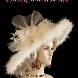 Ladies Avant Garde Haute Couture Sheer Straw Braid And Crinoline Wide Brim Formal Fashion Hat. This Custom Made Women's Designer Hat Is Embellished With A Large Sheer Ivory Crinoline Bow, Accented With Ivory Velvet And Silk Flowers, Adorned With Sequin And Shooting Pearls. A Stunning Marabou Feather Trim Encircles The Wide Brim Of This Ladies Dress Hat. This Beautiful Designer Hat Is Suited For A Bride To Be On Her Wedding Day, Horse Races, The Kentucky Derby, Church, Weddings, Formals, And Special Occasion. This Fashion Hat Is Custom Made By Women's Hats, hatswomens.com.