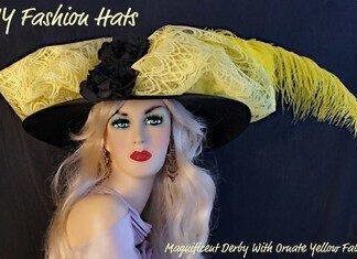 Ladies Black Wide Brim Designer Kentucky Derby Dress Hat, With A Lemon Yellow Lace Bow, Black Silk Roses, And A Large Yellow Feather.