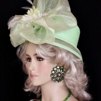 Ladies Lime Designer Fashion Hat For Special Occasions, The Kentucky Derby Horse Races. This Haute Couture Headpiece Hat Is Trimmed With A Sheer Pastel Lime Green Organza Bow With Silver Accents, Adorned With A Custom Made Delicate White Celery Lime Silk Millinery Flower. Delicate White Feathers Are Placed Within The Flowers. A Beautiful Dress Hat For A Bride, Wedding Guest Or Church.