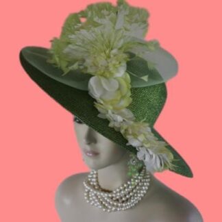 Olive Lime Green Metallic Gold Haute Couture Hat Headdress, Formal Large Brim Wedding Dress Mother Of The Bride Hat. This Glamorous Avant Garde Hat Is Made And Designed By NY Fashion Hats Millinery For Women. This Beautiful Hat Is Adorned With A Large Handmade Sheer Horsehair Crinoline Bow. Placed With This Lovely Bow Is A Delicate Lime Green Spray Of Feathers. Beautiful Vintage Lime Green And White Handmade Vintage Flower Petals Enhance The Front Of The Brim On This Exquisite Hat. This Hat Is A Show Piece.