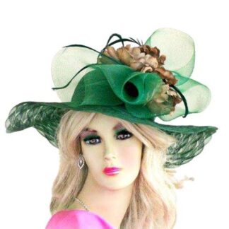 Emerald Hunter Green Haute Couture Kentucky Derby Dress Wide Brim Women's Hat, Embellished With A Large Bow And Brown Cabbage Roses Flowers. A Perfect Hat, For Weddings, Formals, Tea's, The Kentucky Derby, Horse Racing Events, Church, Temple, Synagogue, And Special Occasion. This Fashion Hat, Is Suited For Winter, Spring, Summer Or Fall. Custom Made And Designed By www.NYFashionHats.Com