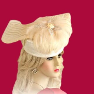 Ladies Women's Ivory And Beige Designer Special Occasion Pillbox Wedding Bridal Hat. This Classic Hat, Is Suited For Church, Synagogue, Weddings, Formals, And Parties. By www.NYFashionHats.ComNYFashionHats Haute Couture Millinery Headwear For Women