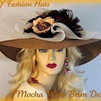 Taupe Mocha Coffee Beige Brown Wide Brim Designer Hat With Brown Feathers, A Custom Made Brown Rose And Ivory Netting Bow. Beautiful Brown Satin And Organza Rosettes, Are Placed In The Center Of The Flower.We Specialize In Kentucky Derby Hats For Women, Dress Hats For Women Ladies Fashion Hats, Designer Hats For Weddings, Church Hats, Tea Party Hats, Ladies Formal Hats, Kentucky Oaks Hats, Preakness Hats, Belmont Stakes Hats, And Special Occasion Hats For Women. Custom Made And Designed By NY Fashion Hats Millinery Headwear.